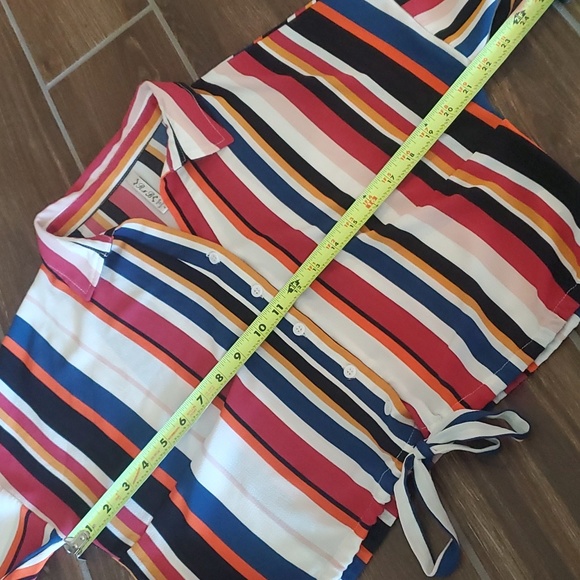 Rich & Beautiful Striped Button Up Front Tie Blouse Woman L - Picture 8 of 9